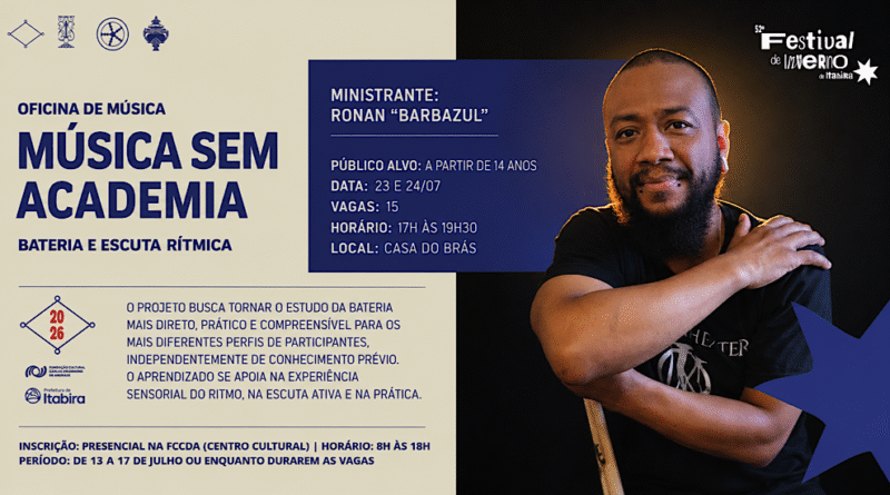 Músico itabirano propõe método democrático para o ensino da bateria em oficina no Festival de Inverno